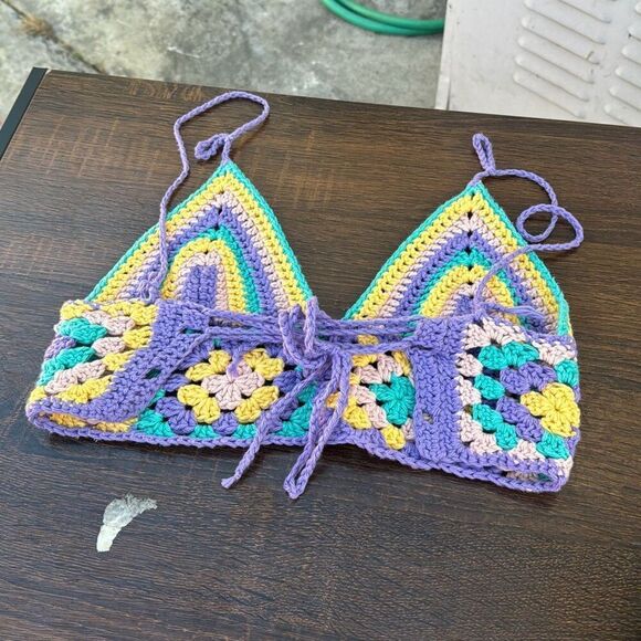 Handmade Crochet Grandmacore Knit Multi Colored Triangle Bikini Top One Size - Picture 3 of 6